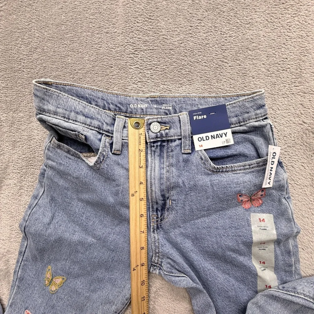 Old Navy Jeans Girls 14 Blue Flared High-Rise Adjustable Waist Embroidered